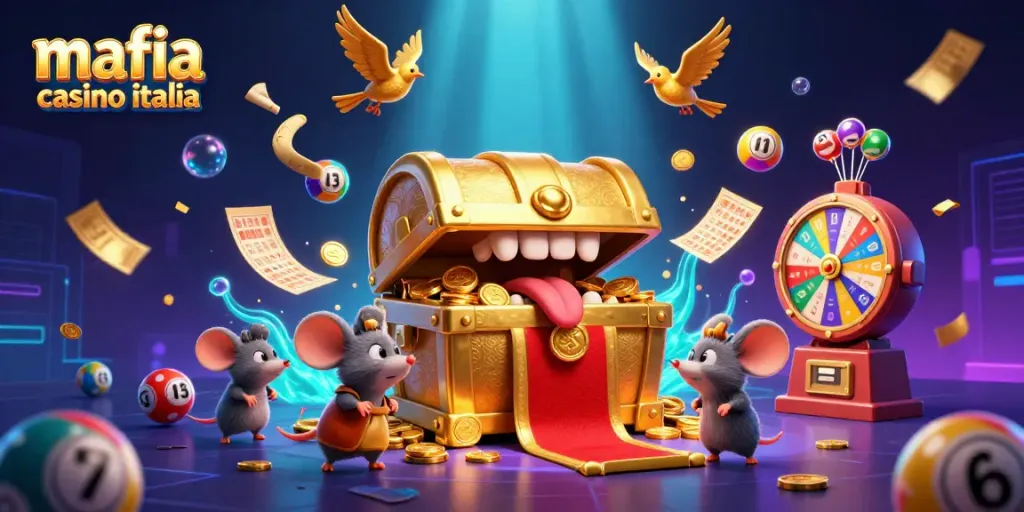 Mafia casino italia's exciting scene brings to life golden treasures, lottery balls, and vibrant casino elements.