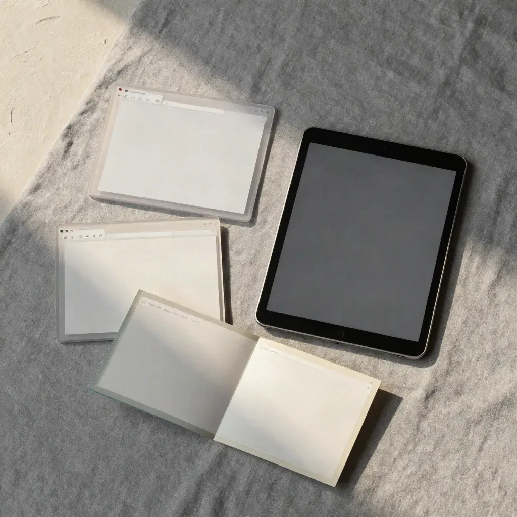 Kit per traduzione siti web con tablet, schede browser e mockup su lino chiaro.