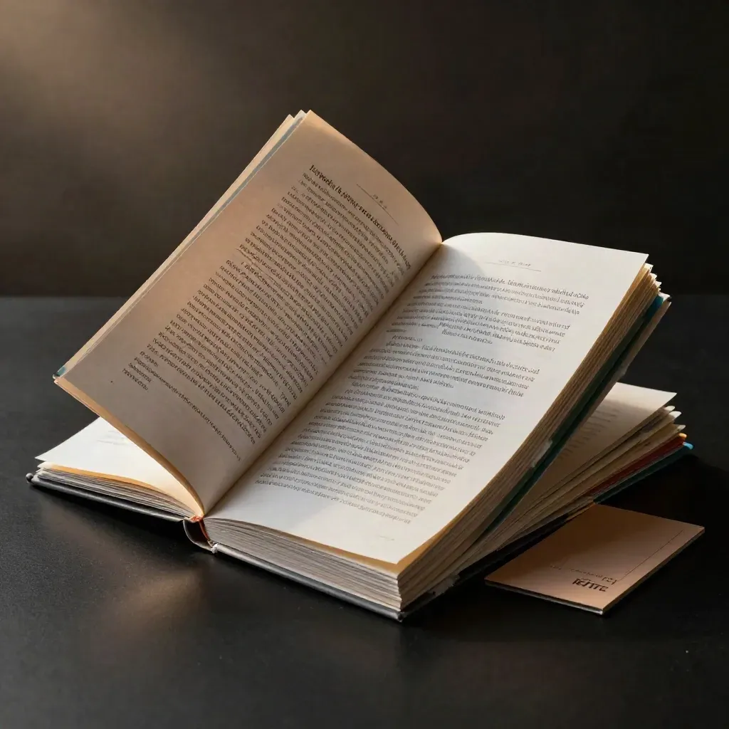 Bozza di marketing con fogli sovrapposti, booklet e segnapagina teal su fondo nero.