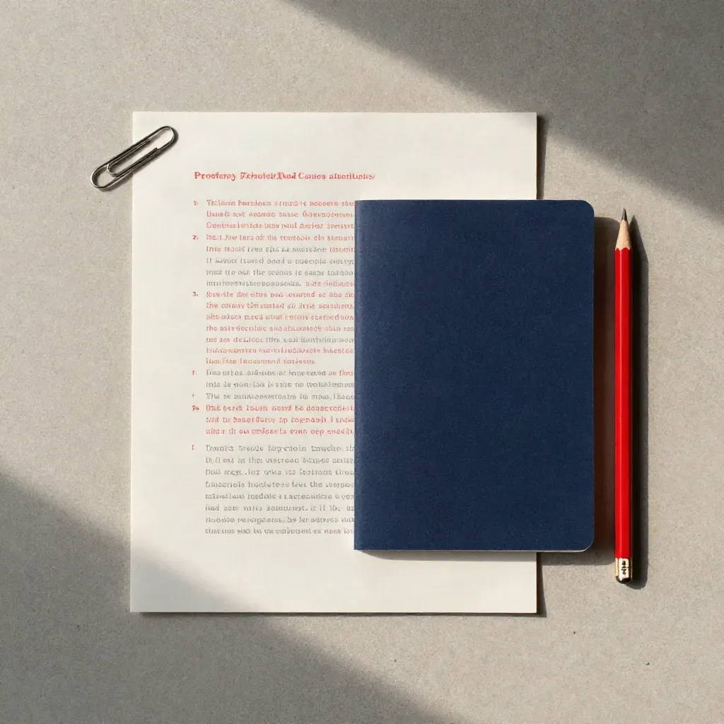 Flat lay di bozze corrette, graffette, matita rossa e copertina blu su pietra chiara.