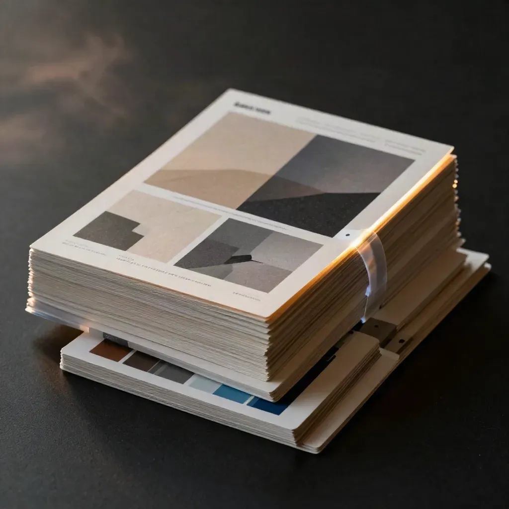 Pile di pagine sito, swatch e sleeve prova su fondo nero, luce cinematica.