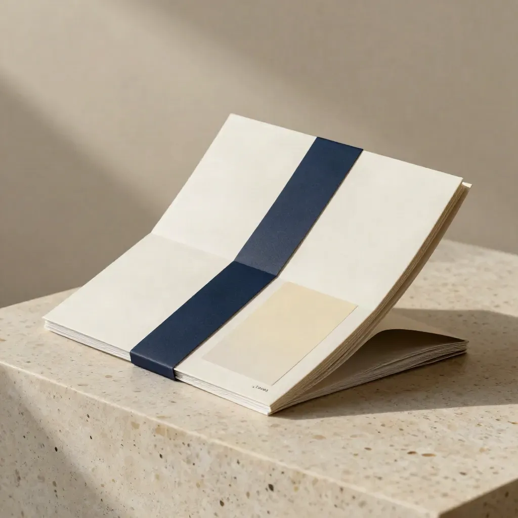 Brochure aziendale premium con fascetta navy e campioni carta su base in travertino.
