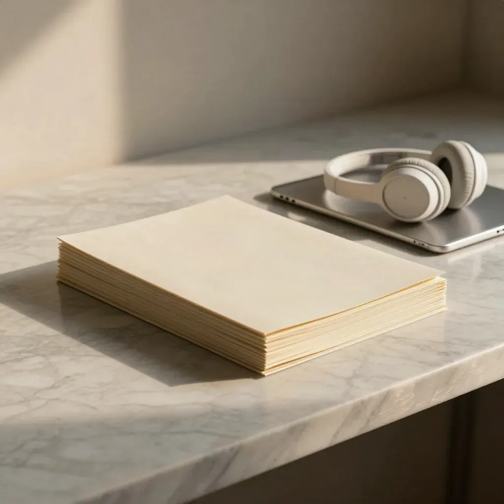 Piano in marmo chiaro con cartelle, tablet e cuffia, luce radente e spazio calmo per il testo.