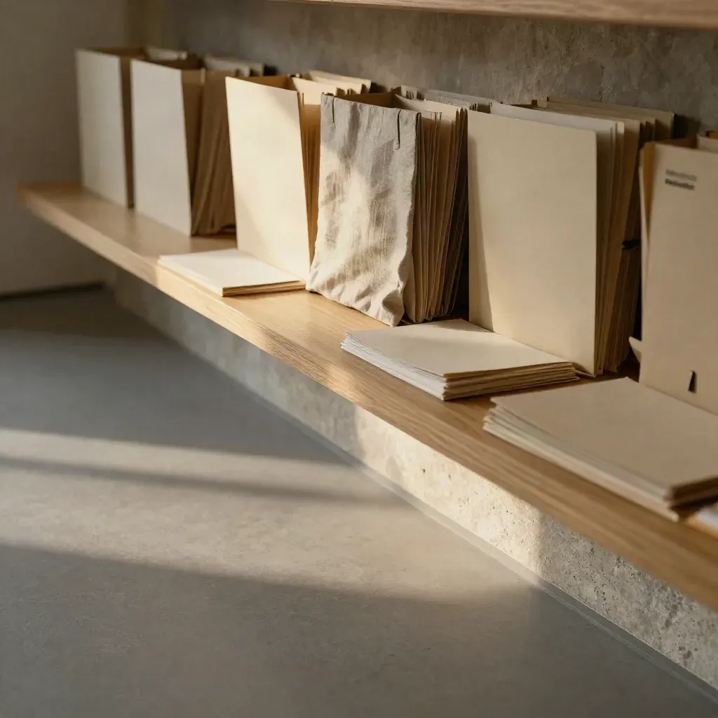 Interno editoriale con scatole archivio e lino su legno chiaro, luce morbida e spazio per il titolo.
