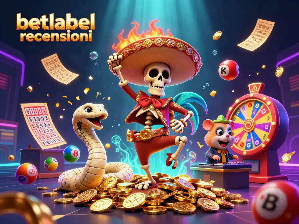 Engage with betlabel recensioni through vibrant casino elements featuring lively characters celebrating with golden prizes.